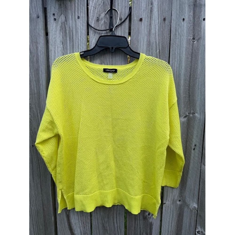 Neon Cybercore Cable & Gauge Open Knit Sweater M Yellow Crew Neck Drop Shoulder